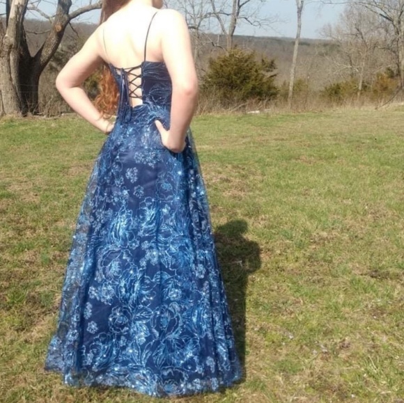 Jackie Jon New York Blue Glitter Prom Dress Size 9 - Picture 5 of 7